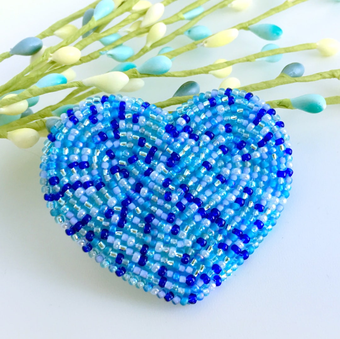 Hand Beaded Heart Brooch Lapel Pin Shades of Blue Corsage - Etsy