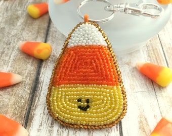 Beaded Candy Corn Keychain or Pendant, Hand Embroidered Fall Gift, Zipper Purse Backpack Charm for Student, Love It or Hate It