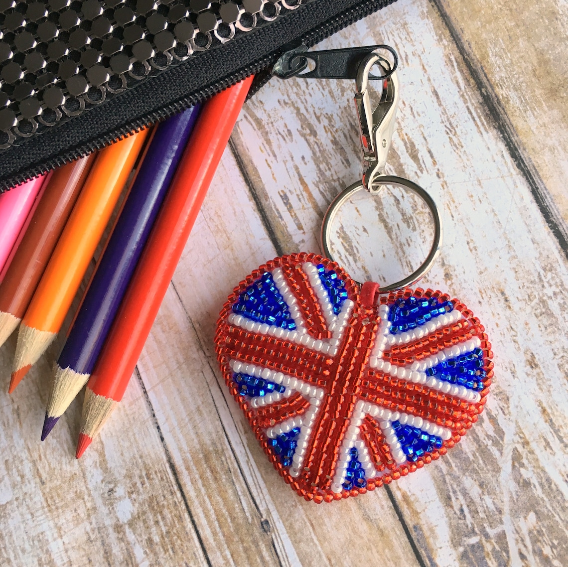 Union Jack Heart Keychain Hand Beaded UK Flag Winter Etsy
