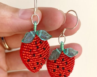 Strawberry Earrings, Hand Beaded, Lightweight earrings with silver coloured hooks, Summer Fun