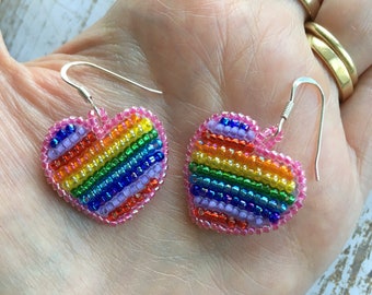 Tiny Hand-Beaded Rainbow Heart Earrings, Lightweight with Sterling Silver French Hooks, Cute Gift Idea for Girls, Rainbows for Positivity