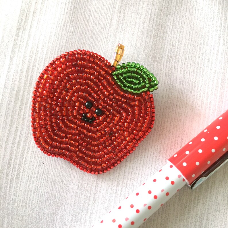 Apple Brooch, Cute Hand Beaded Fruit Pin, Gift for Her, Fall Autumn Harvest Lapel Pin, image 4