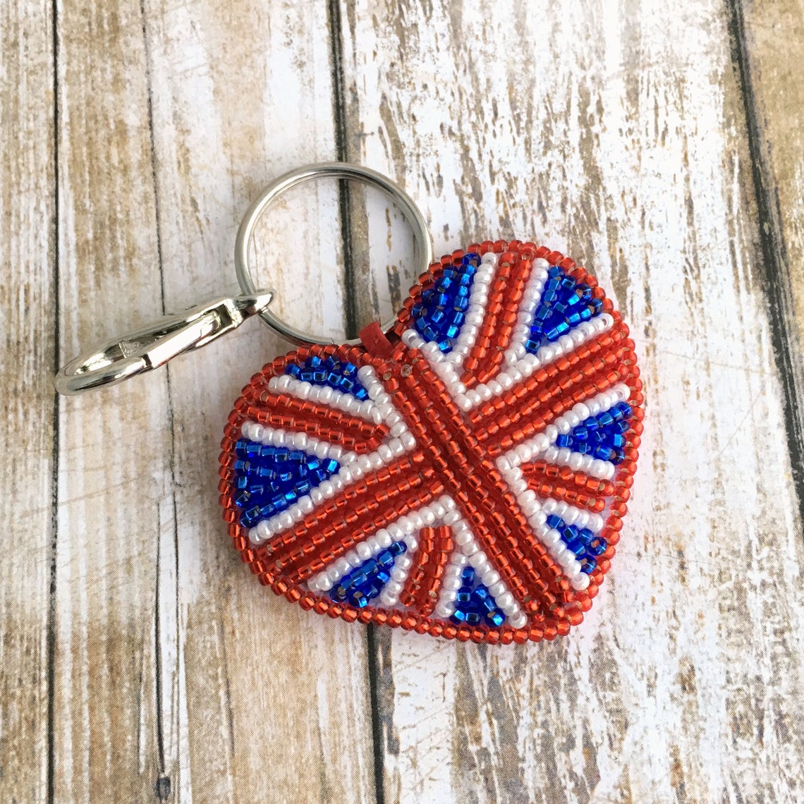 Union Jack Heart Keychain Hand Beaded UK Flag Winter Etsy