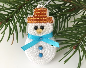 Beaded Snowman Christmas Tree Ornament or Gift Topper, Festive Hand-Beaded Christmas Decoration, Christmas Host Thank You Gift