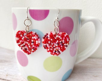 Mini Hand-Beaded Heart Earrings, Lightweight with Sterling Silver French Hooks, Cute Gift Idea for Girls, Mixed Red Pink