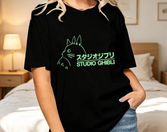 Women’s Green Forest Cartoon Anime Graphic T-Shirt, Cute Spirit Creature Casual Tee, Kawaii Japanese Style Short Sleeve Top for Ladies
