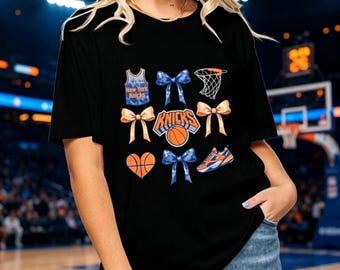 Cute Bow Grid Design Women’s Basketball Fan T-Shirt, NYC Sports Mom Casual Graphic Tee, Game Day Comfort Top For Her