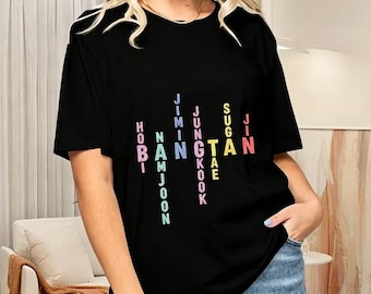 Bangtan Boys Fan Graphic Tee, Member Name Letter Print Women Short Sleeve Tshirt KPOP Merchandise