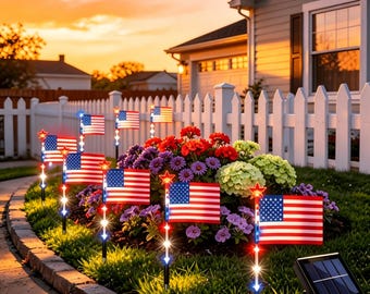 Set of 8 Solar Powered American Flag Garden Stakes, Patriotic Outdoor Yard Pathway Lights, , Memorial Day & Independence Day Yard Ornament