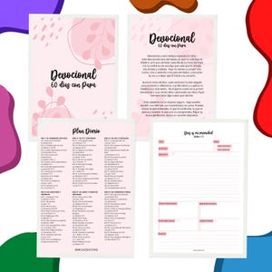 Puede incluir: Un planificador devocional de cuatro páginas titulado Devocional 60 días con Papá, con fondos de color rosa suave e ilustraciones de hojas abstractas. Las páginas incluyen un plan de lectura diario, una hoja de reflexión y texto en español.