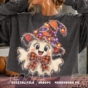 Vintage Halloween Ghost PNG, Cute Patchwork Witch Hat with Glowing Lights and Buffalo Plaid Bow, Faux Applique Design, Digital Download