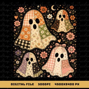 Checkered Floral Boho Fall PNG, Patchwork Floral Ghost Png, Retro Ghost Png, Preppy Distressed Halloween Sublimation, Viral Png