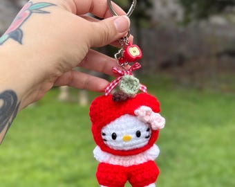 Crochet Handmade Apple Kitty Keychain with Apple charms and clasp