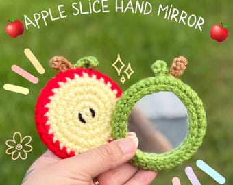 Crochet Apple Slice Hand Mirror | Handmade Pocket Mirror | Cute Apple Compact Mirror | Kawaii Gift | Gift for her | whimsy gifts