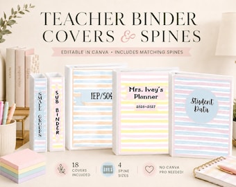 Teacher Binder Covers and Spines, Editable Canva Classroom Organization Kit, Pastel Stripe Designs, Back to School Classroom Supplies