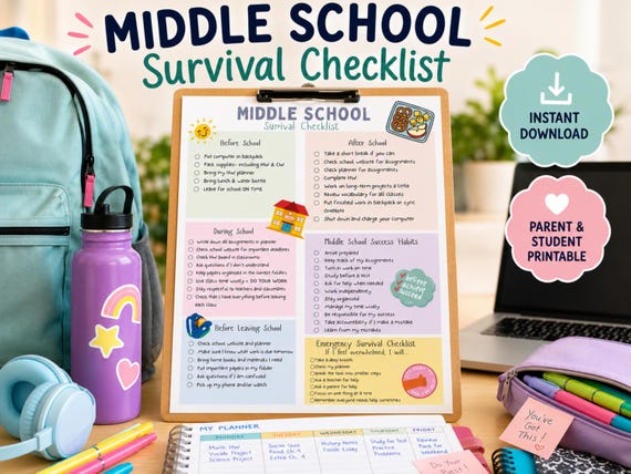 Middle School Survival Checklist: Student Organization, Routine, ADHD Help (PDF Download)