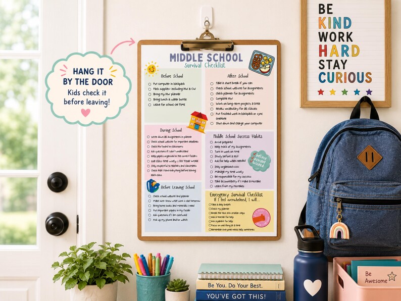 May include: A Middle School Survival Checklist printed on paper and held by a wooden clipboard. The checklist features colorful sections with text including Before School, During School, After School, and Middle School Success Habits, with a speech bubble stating HANG IT BY THE DOOR Kids check it before leaving!