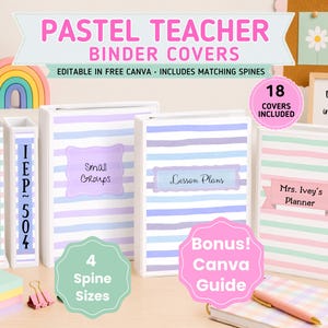 May include: A set of pastel teacher binder covers featuring horizontal stripes in shades of purple, blue, and pink. The binders include labels for Small Groups, Lesson Plans, and Mrs. Ivey's Planner. Text includes Pastel Teacher Binder Covers, 18 Covers Included, 4 Spine Sizes, and Bonus! Canva Guide.