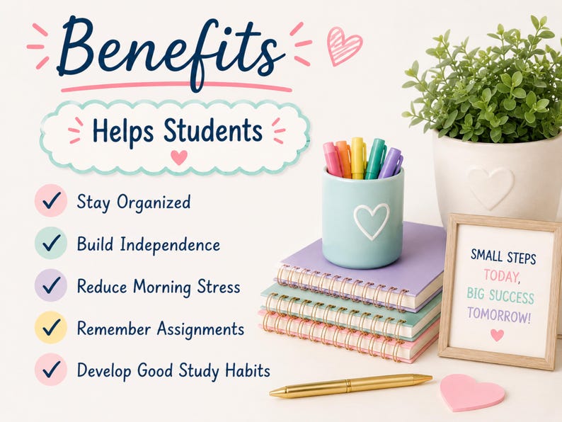 May include: A list titled Benefits Helps Students with checkmarks for Stay Organized, Build Independence, Reduce Morning Stress, Remember Assignments, and Develop Good Study Habits. Includes a pen holder, notebooks, a plant, and a sign saying SMALL STEPS TODAY, BIG SUCCESS TOMORROW.