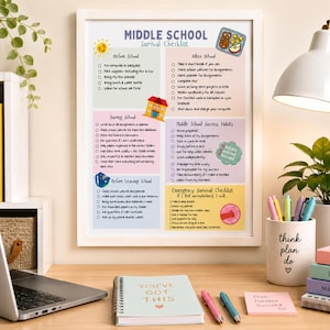May include: A framed Middle School Survival Checklist poster with colorful sections for daily tasks, school habits, and emergency coping strategies. The text includes headers like Before School, After School, During School, and Middle School Success Habits.