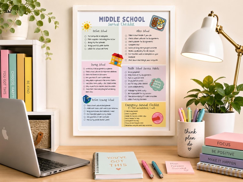 May include: A framed Middle School Survival Checklist poster with colorful sections for daily tasks, school habits, and emergency coping strategies. The text includes headers like Before School, After School, During School, and Middle School Success Habits.