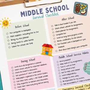 May include: A Middle School Survival Checklist printed on white paper with a clipboard. The document features four color-coded sections titled Before School, After School, During School, and Middle School Success Habits, with bulleted lists and illustrations of a sun, a school building, a lunch tray, and a green cloud with the text believe achieve succeed.
