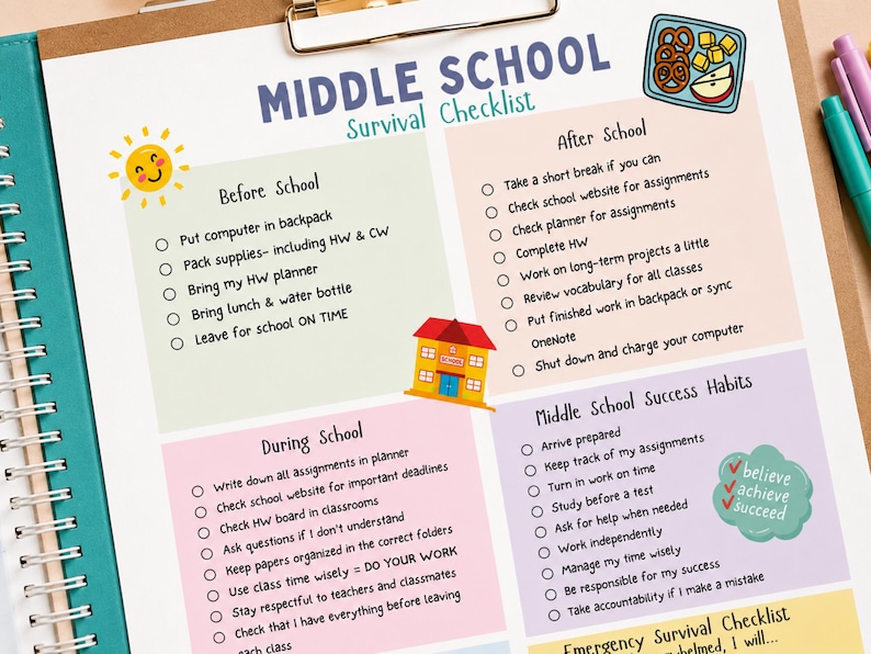 May include: A Middle School Survival Checklist printed on white paper with a clipboard. The document features four color-coded sections titled Before School, After School, During School, and Middle School Success Habits, with bulleted lists and illustrations of a sun, a school building, a lunch tray, and a green cloud with the text believe achieve succeed.