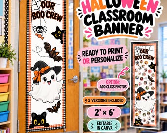 May include: A vertical Halloween classroom banner featuring a white ghost wearing an orange bow, a black cat, a spider, and bats. The text reads "OUR BOO CREW" at the top. The design includes a black and orange checkered border and is 2 feet by 6 feet.