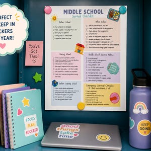 May include: A Middle School Survival Checklist poster with sections for before, during, and after school, plus success habits. Includes a light blue spiral notebook with stickers, a silver laptop with stickers, and a purple water bottle with stickers.