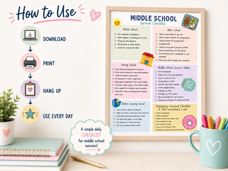 Middle School Survival Checklist: Student Organization, Routine, ADHD Help (PDF Download) image 14