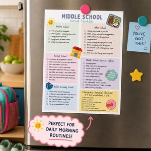 May include: A Middle School Survival Checklist printed on paper, attached to a refrigerator with magnets. The checklist features sections for Before School, After School, During School, Middle School Success Habits, and an Emergency Survival Checklist.