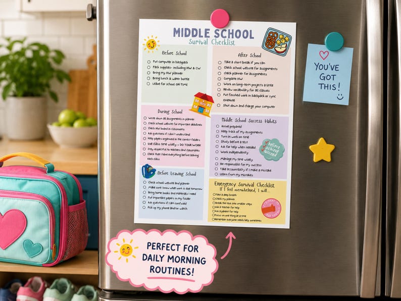 May include: A Middle School Survival Checklist printed on paper, attached to a refrigerator with magnets. The checklist features sections for Before School, After School, During School, Middle School Success Habits, and an Emergency Survival Checklist.