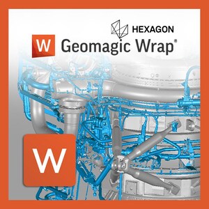 May include: A digital graphic for Geomagic Wrap software by Hexagon, featuring a complex 3D mechanical assembly rendered in shades of silver and bright blue. The image includes the Hexagon logo and the text Geomagic Wrap with a large orange W icon.