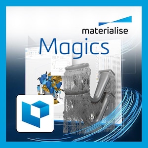 Könnte beinhalten: Eine digitale Benutzeroberfläche für die Software Materialise Magics, die ein 3D-Modell mit komplexen Gitterstützstrukturen zeigt. Die Grafik enthält ein blau-weißes Logo, technische Datenfenster und ein metallisch graues Industriebauteil.