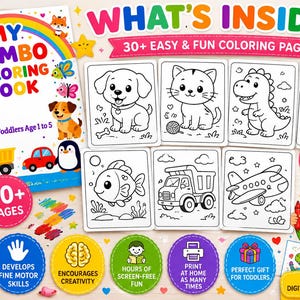 Op de afbeelding: Een kleurboek voor kinderen getiteld "MY JUMBO COLORING BOOK" met de tekst "For Toddlers Age 1 to 5". De omslag toont een regenboog, dieren en voertuigen. Bevat meer dan 30 kleurplaten met eenvoudige ontwerpen.