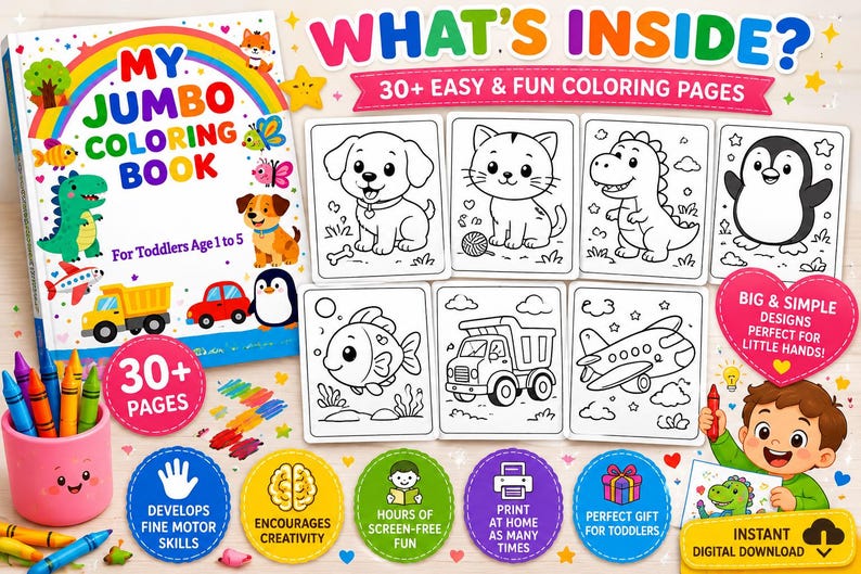 Op de afbeelding: Een kleurboek voor kinderen getiteld "MY JUMBO COLORING BOOK" met de tekst "For Toddlers Age 1 to 5". De omslag toont een regenboog, dieren en voertuigen. Bevat meer dan 30 kleurplaten met eenvoudige ontwerpen.