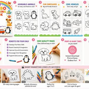 Op de afbeelding: Een jumbo kleurboek voor peuters van 1-5 jaar, met schattige dieren, dinosaurussen, voertuigen en natuursc&egrave;nes. Bevat 30+ makkelijke kleurplaten, perfect voor thuisactiviteiten en voorschools leren. Bevordert creativiteit en fijne motoriek.