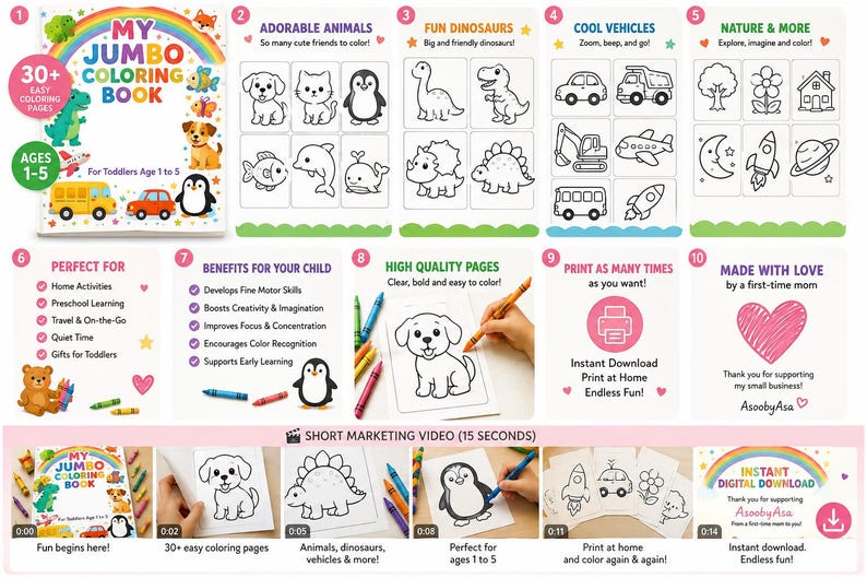 Op de afbeelding: Een jumbo kleurboek voor peuters van 1-5 jaar, met schattige dieren, dinosaurussen, voertuigen en natuursc&egrave;nes. Bevat 30+ makkelijke kleurplaten, perfect voor thuisactiviteiten en voorschools leren. Bevordert creativiteit en fijne motoriek.
