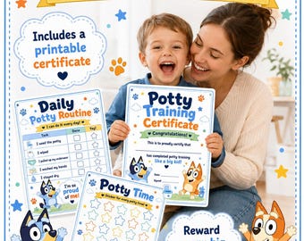 Kit d'apprentissage de la propreté Bluey pour garçon et fille : Suivi des autocollants à imprimer, routine et certificat (PDF)