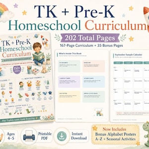 May include: A TK and Pre-K homeschool curriculum set featuring 202 total pages, including a 167-page curriculum and 35 bonus pages. The materials include a sample calendar, monthly themes, and letter-of-the-week activities for ages 4-5.