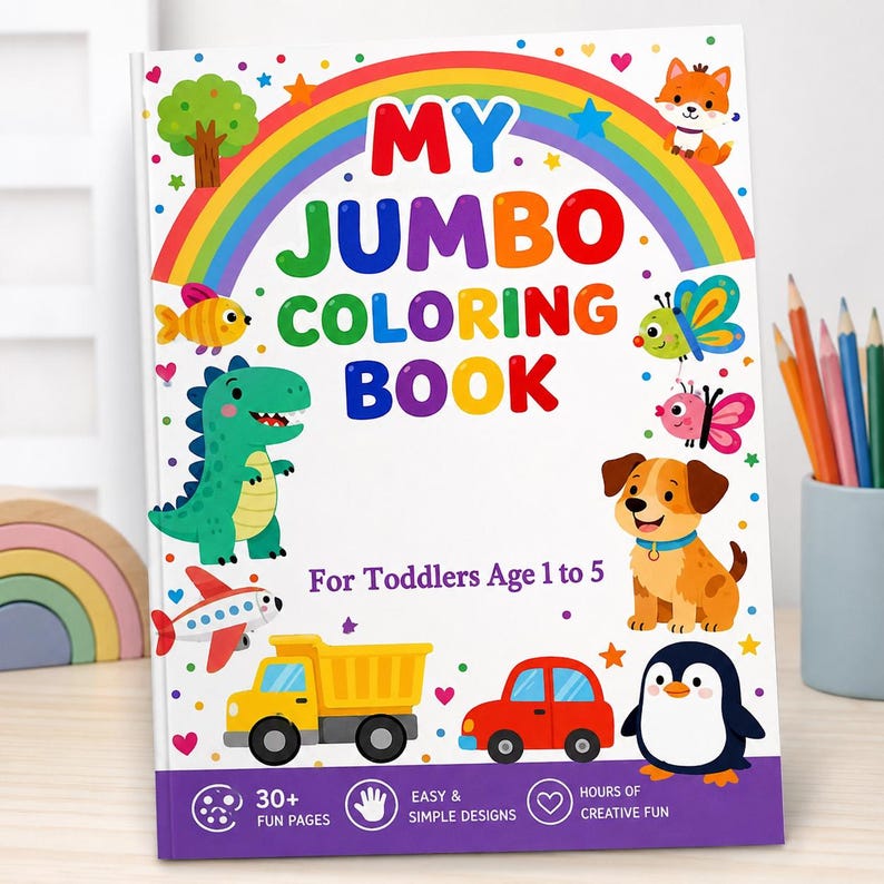 Op de afbeelding: Een kleurrijk "My Jumbo Coloring Book" voor peuters van 1 tot 5 jaar. De omslag toont een regenboog, cartoon dieren en voertuigen. Het boek belooft 30+ leuke pagina's met eenvoudige ontwerpen voor urenlang creatief plezier.