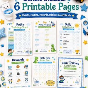 May include: A bundle of six printable potty training pages featuring charts, routines, rewards, stickers, and a certificate. The pages include colourful illustrations of a toilet, a dinosaur, a rocket, and a child, with text such as Potty Training Chart.