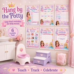 May include: A set of six printable potty training charts and trackers featuring princess illustrations, crowns, and hearts. The collection includes a weekly chart, progress tracker, daily routine, rewards, sticker chart, and certificate for children.
