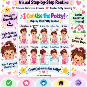 May include: A colorful potty training chart for children featuring a ten-step visual routine with illustrations of a character. The text includes Girls Potty Training Chart, I Can Use the Potty, and Asoo Learning, alongside various icons and hearts.