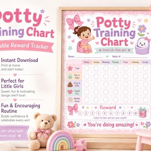 May include: A potty training chart printable reward tracker featuring a pink and purple colour scheme with illustrations of a child on a potty, a smiling toilet, bows, and stars. The chart includes columns for days of the week and rows for tasks.