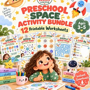 May include: A preschool space activity bundle featuring 12 printable worksheets with space-themed graphics, including a planet, rocket, and stars. The bundle includes titles like Count the Planets, Space Letter Hunt, My Solar System, and Solve a Space Maze.