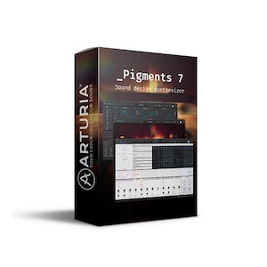 May include: A rectangular software box for Arturia Pigments 7 sound design synthesizer. The dark packaging features the product name, the Arturia logo, and a visual display of the software interface with various control panels and waveforms.