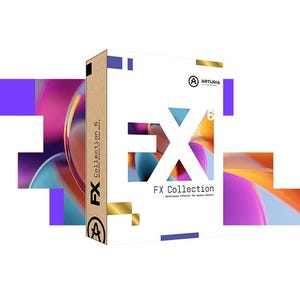 May include: A rectangular software box for Arturia FX Collection 6. The white front features a large stylised FX logo, the Arturia brand name, and the text FX Collection Reference effects for music makers. The side panel is tan with black text.