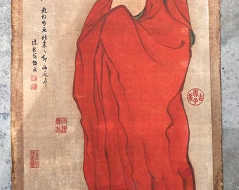 Estampado de la túnica roja de Bodhidharma, arte mural del patriarca zen, decoración de altar budista