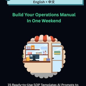 May include: A digital document titled 15 SOP Templates AI SOP Builder English + 中文, featuring the text Build Your Operations Manual In One Weekend and 15 Ready-to-Use SOP Templates AI Prompts to Build Each One Complete Templates to Customise Works with ChatGPT & Claude, with a central circular illustration of a shop interior.